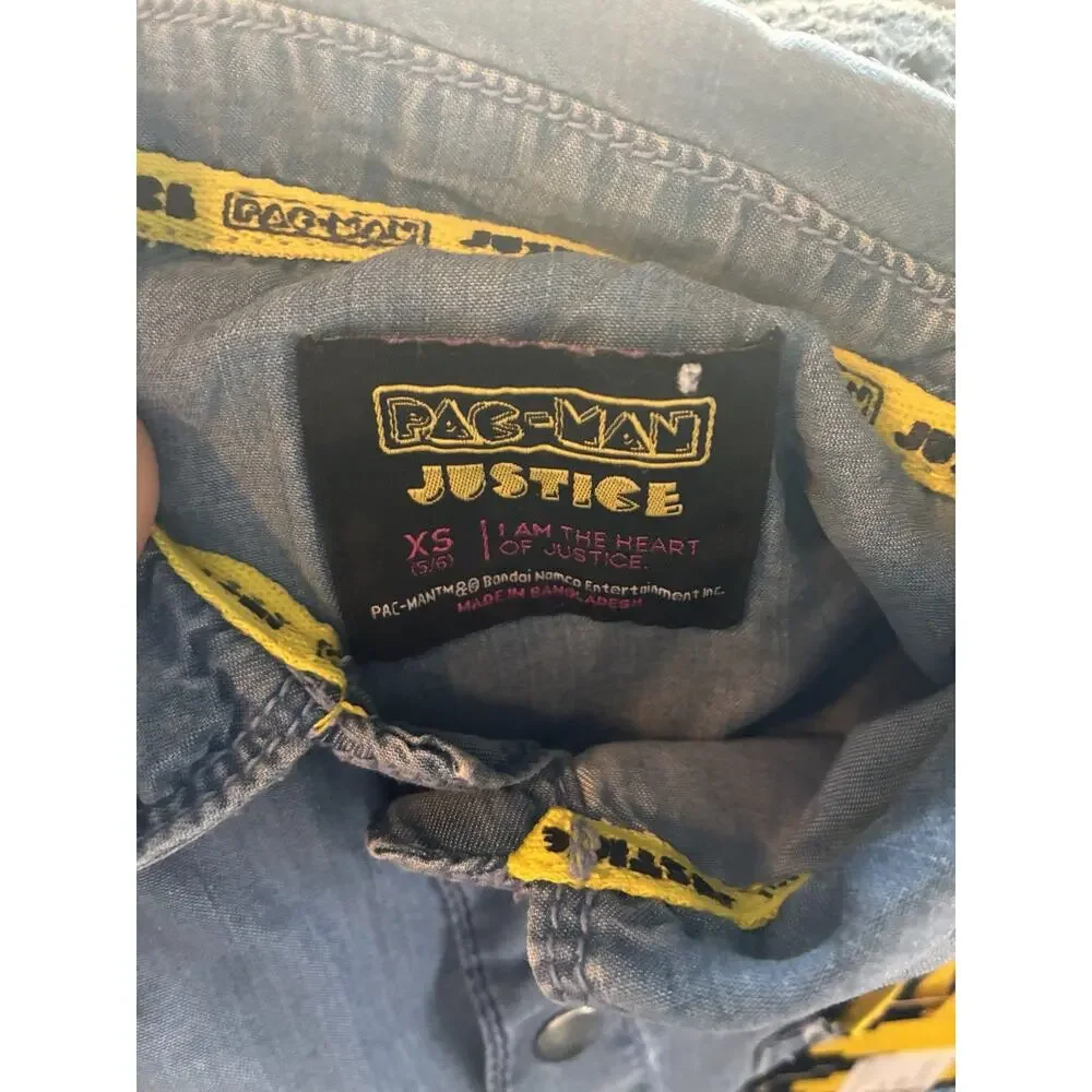Justice Girls Pacman Denim Shirt Snap Closure Short Sleeve Size XS Blue